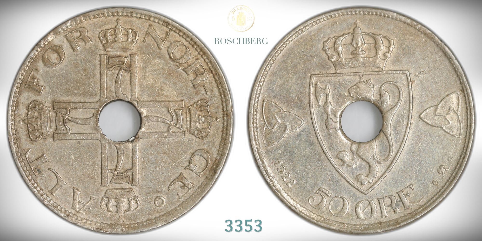 Norge 50 Øre 1922 Med Hull Kv: 1+