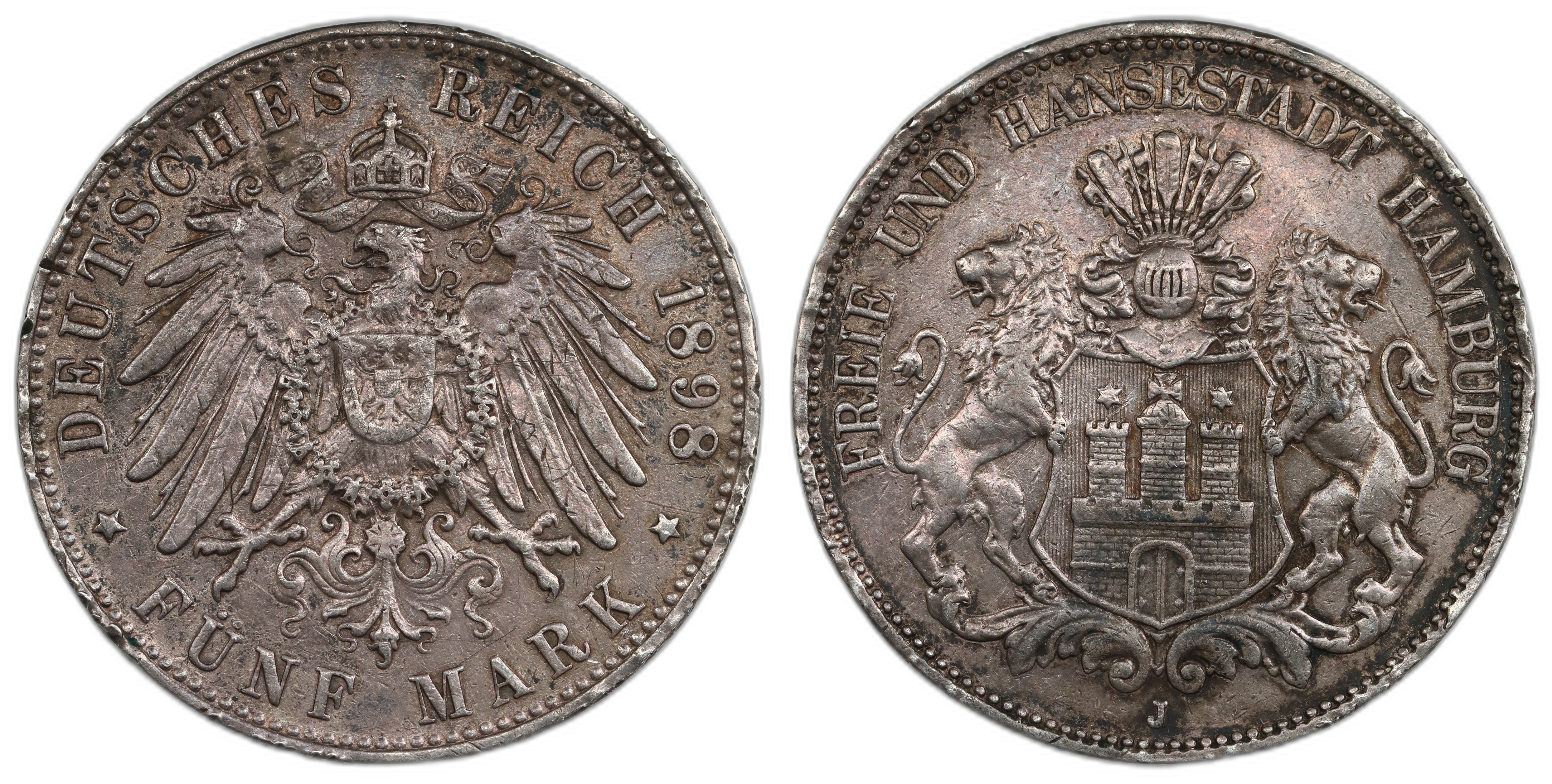 Hamburg 5 Mark 1898-J Kv: VF, edge damage
