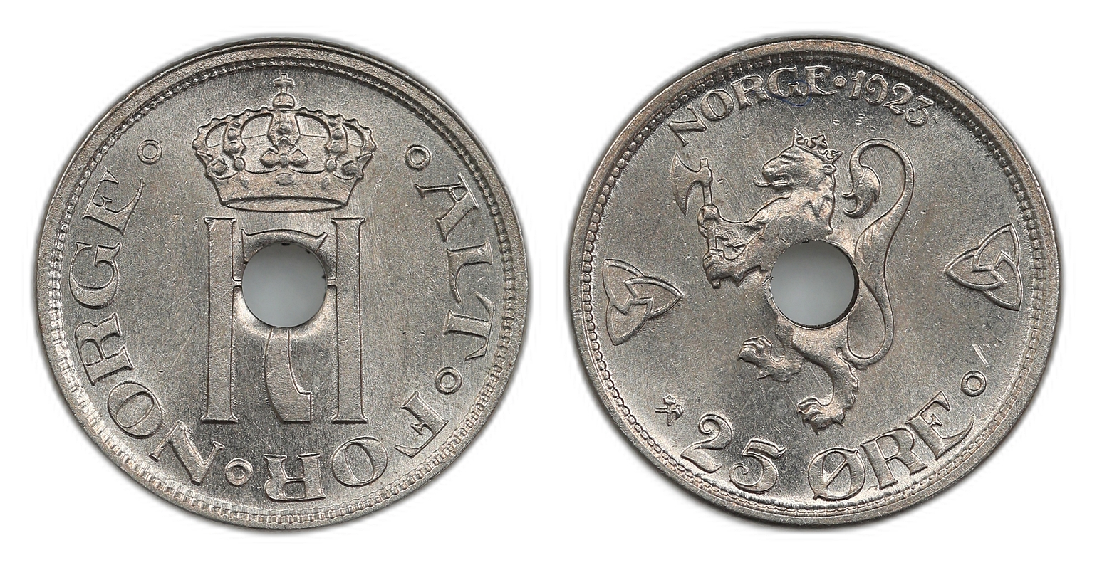 Norge 25 Øre 1923 Med Hull Kv: 0