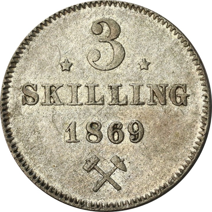 3 Skilling 1869 Stjerne Kv 1+
