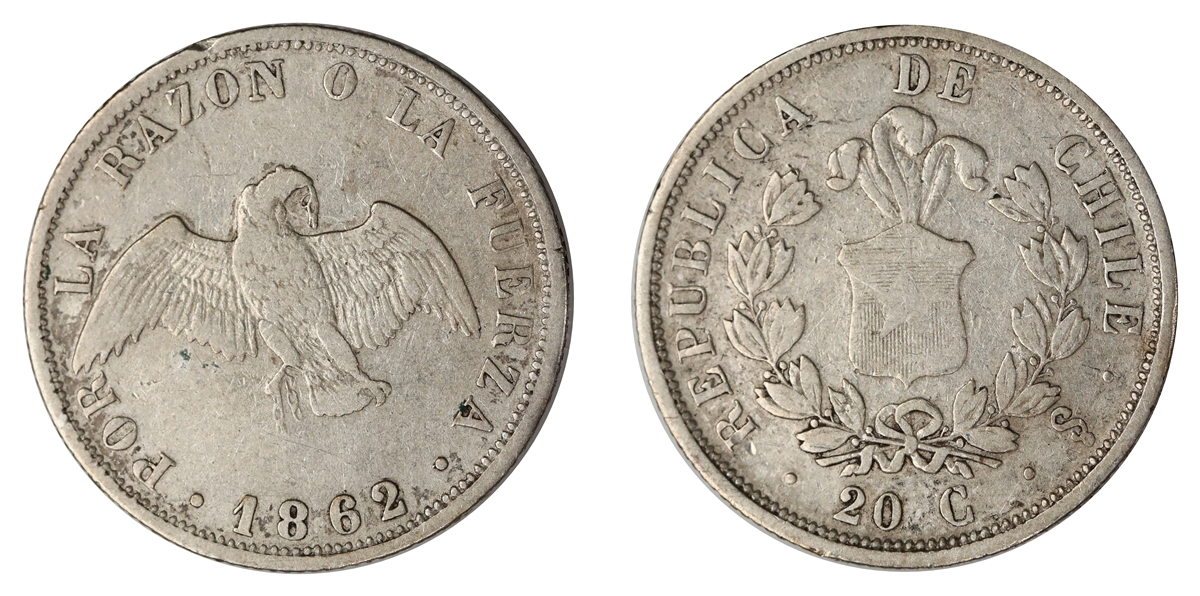 Chile 20 Centavos 1862-So Kv: VF