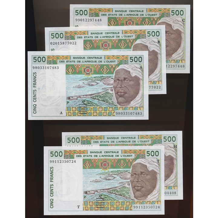 West-African States 5 different 500 Francs 1992-2002 UNC