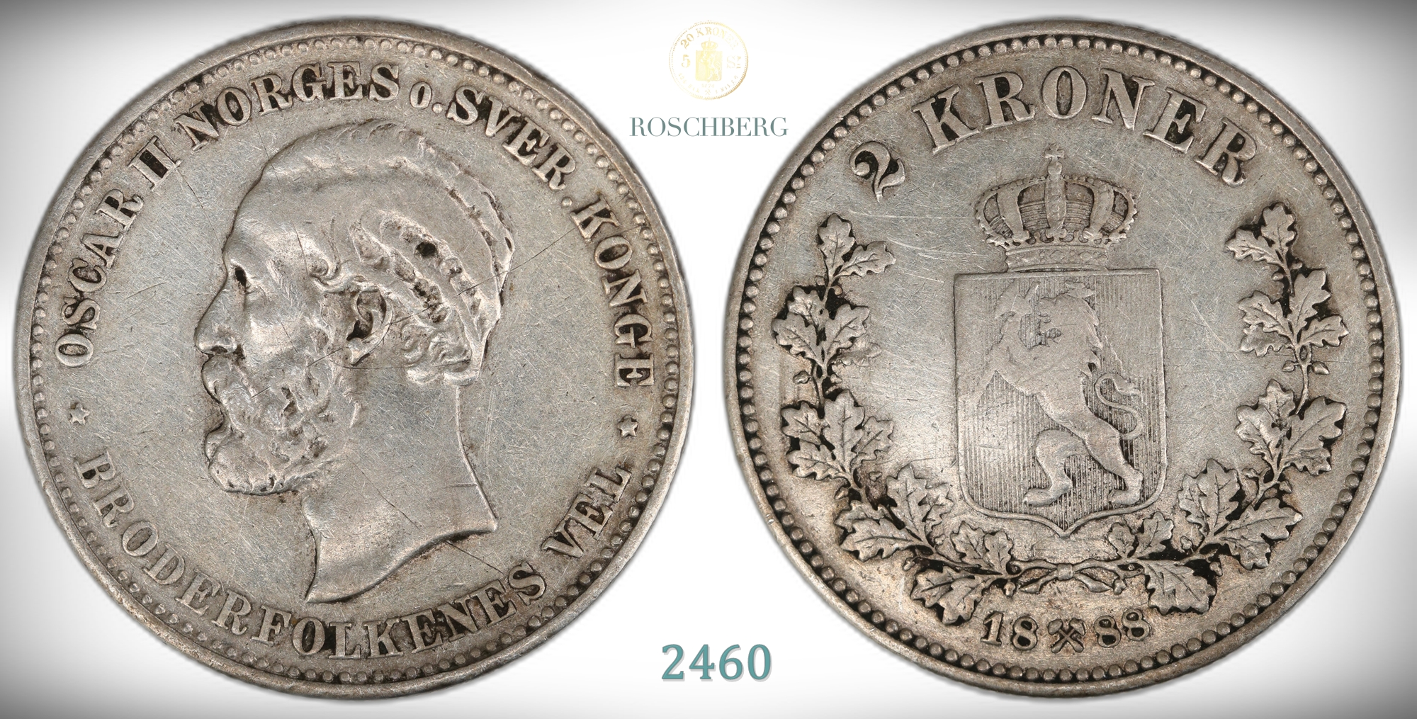 Norge 2 Kroner 1888  Kv: 1, riss