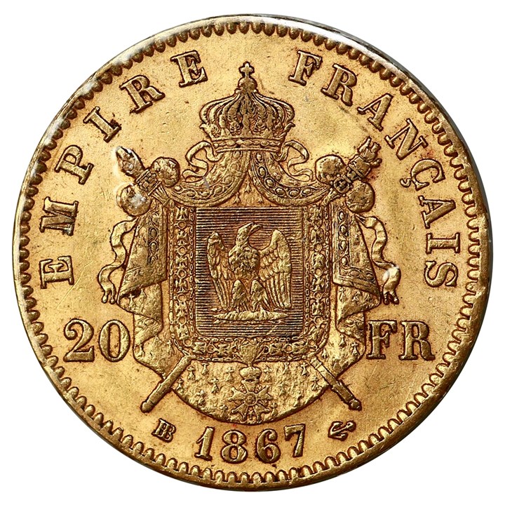 Frankrike 20 Francs 1867 BB Kv 1+