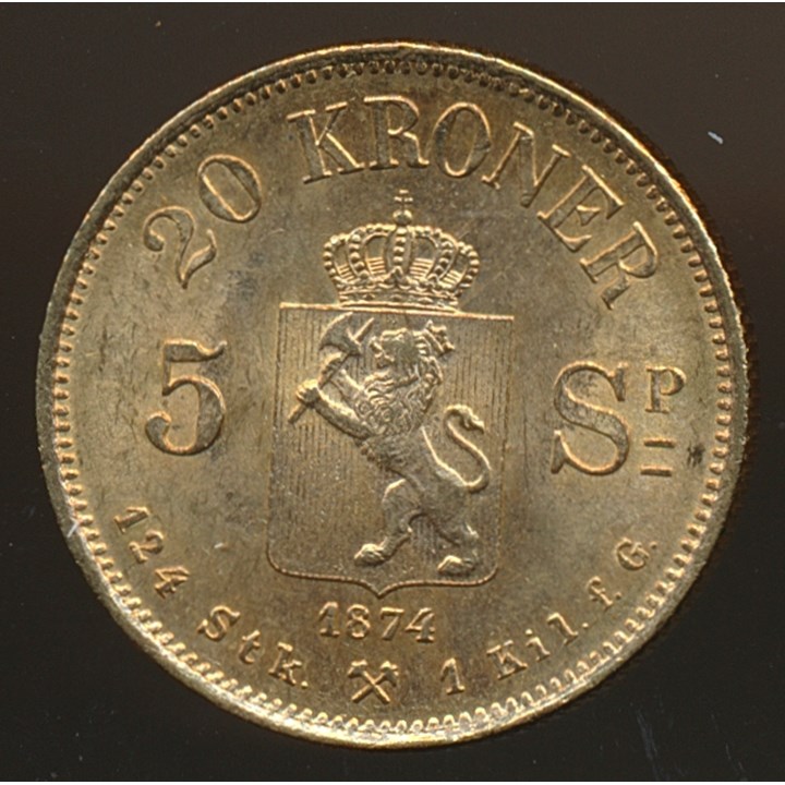 20 Kroner/5 Spd 1874 Kv 0/01