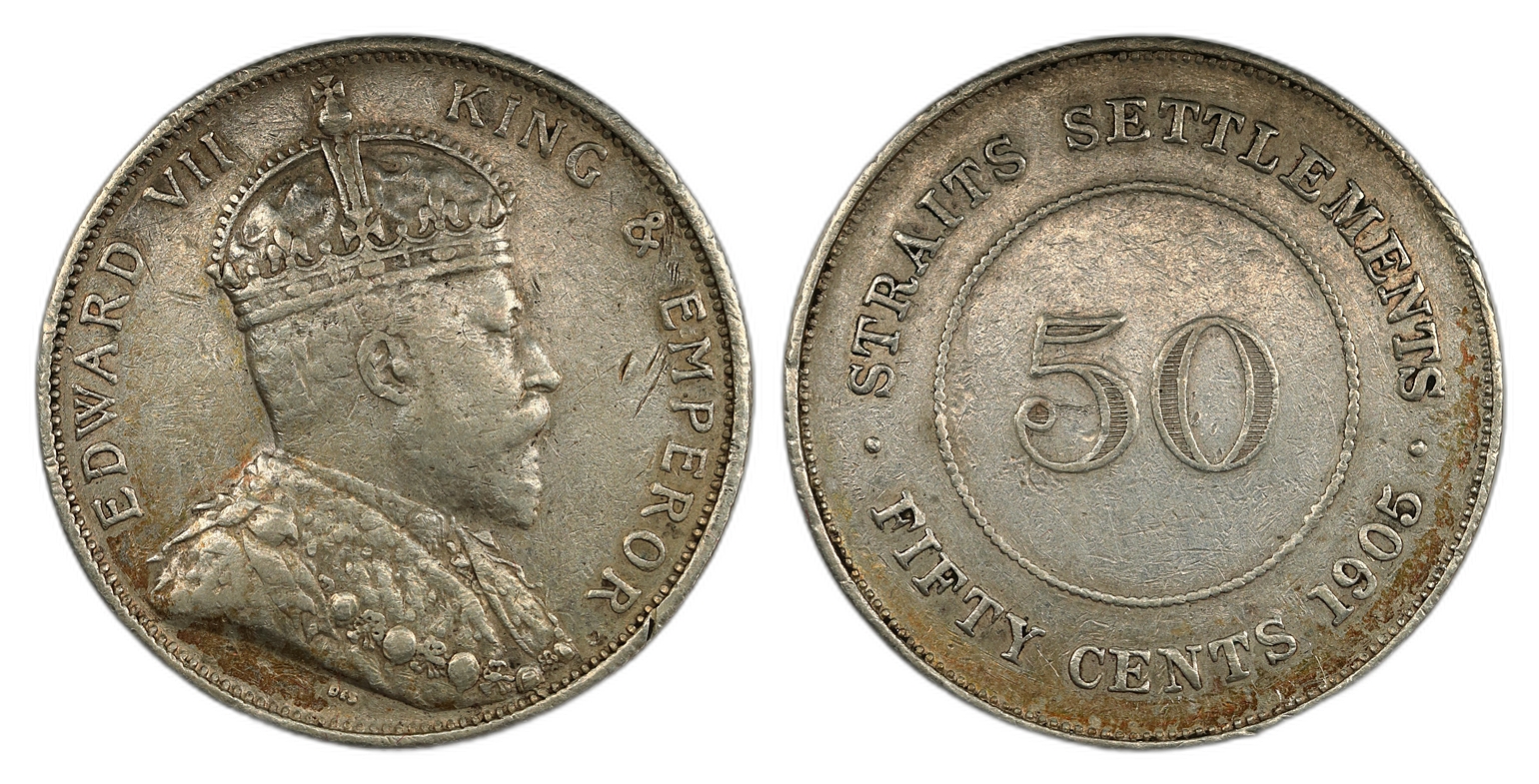 Straits Settlements 50 Cents 1905 Kv: VF