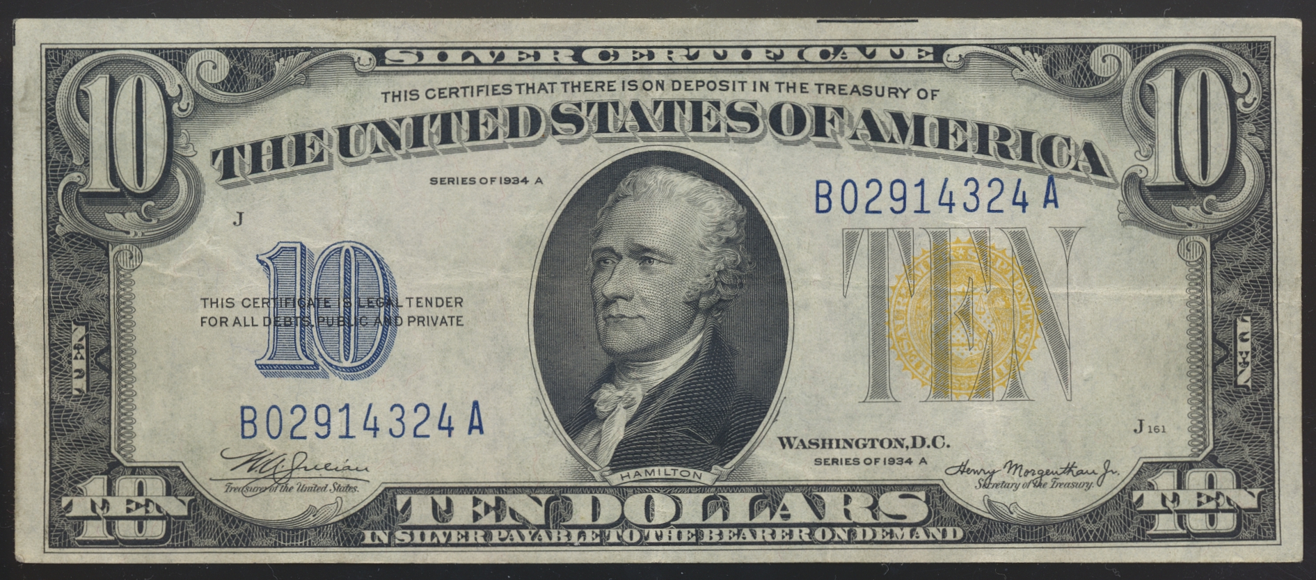 USA 10 Dollars 1934 A Gult segl Kv 1 (VF)