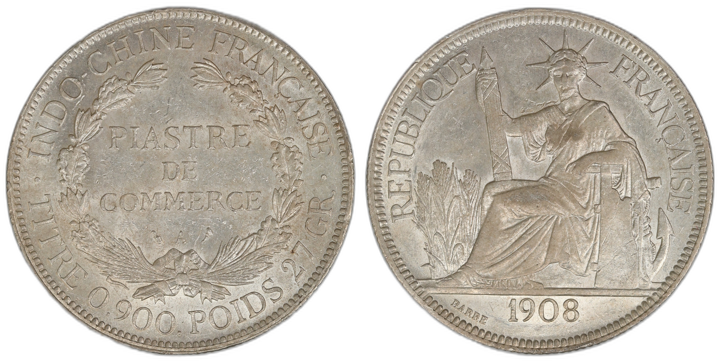 French Indochina 1 Piastre 1908-A  Kv: AU