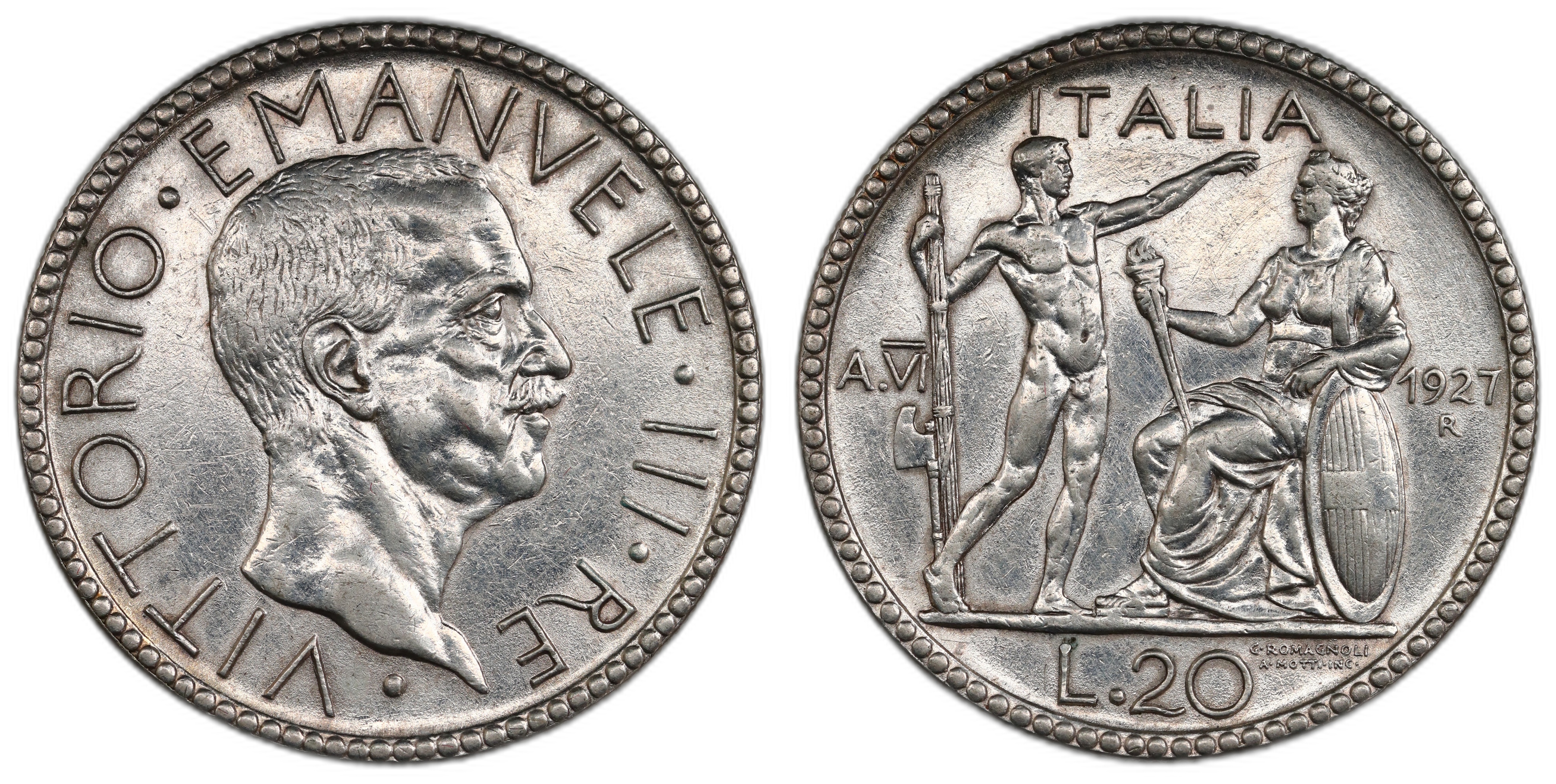 Italy 20 Lire 1927 Kv AU, Cleaned