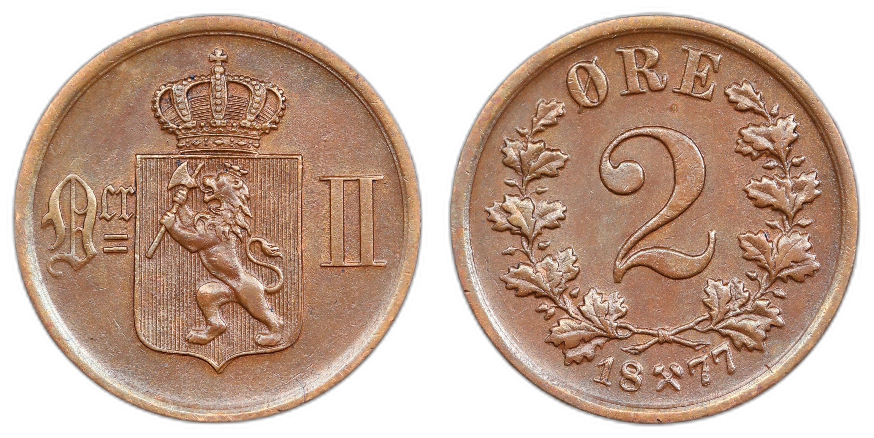 Norge 2 Øre 1877 Kv 0/01, renset