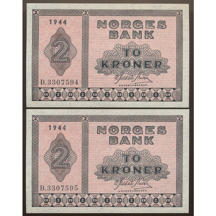 2 Kroner 1944 D, 2 Stk i Nummerrekkefølge Kv 0