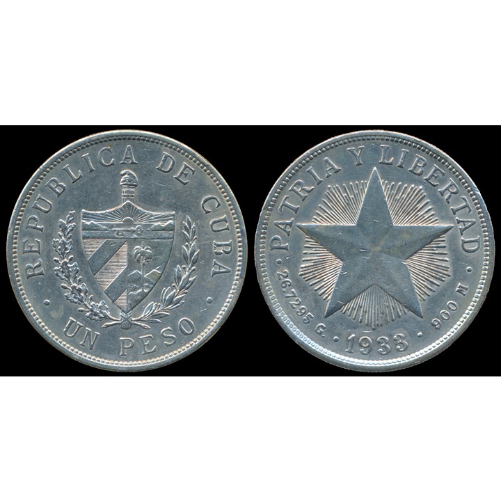 Cuba 1 Peso 1933 XF, cleaned