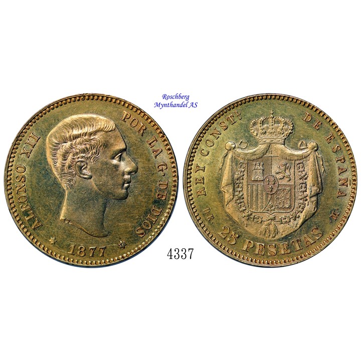 Spain 25 Pesetas 1877 gAU (8.06 gr 900 gold)