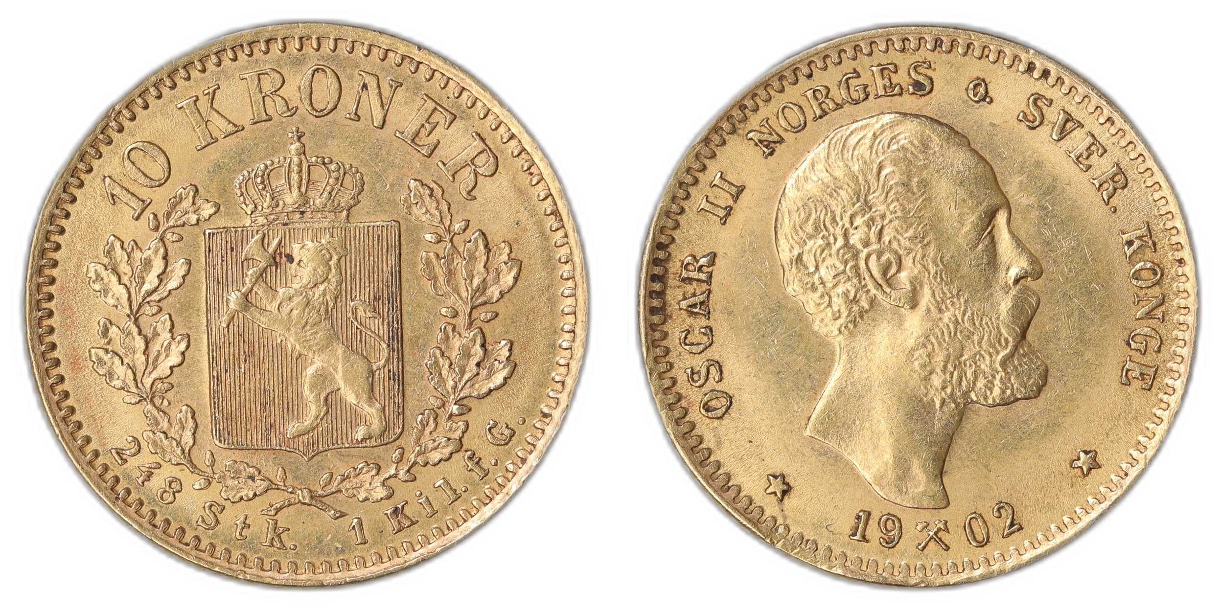 Norge 10 Kroner 1902 4.04 gr fine Kv: 01