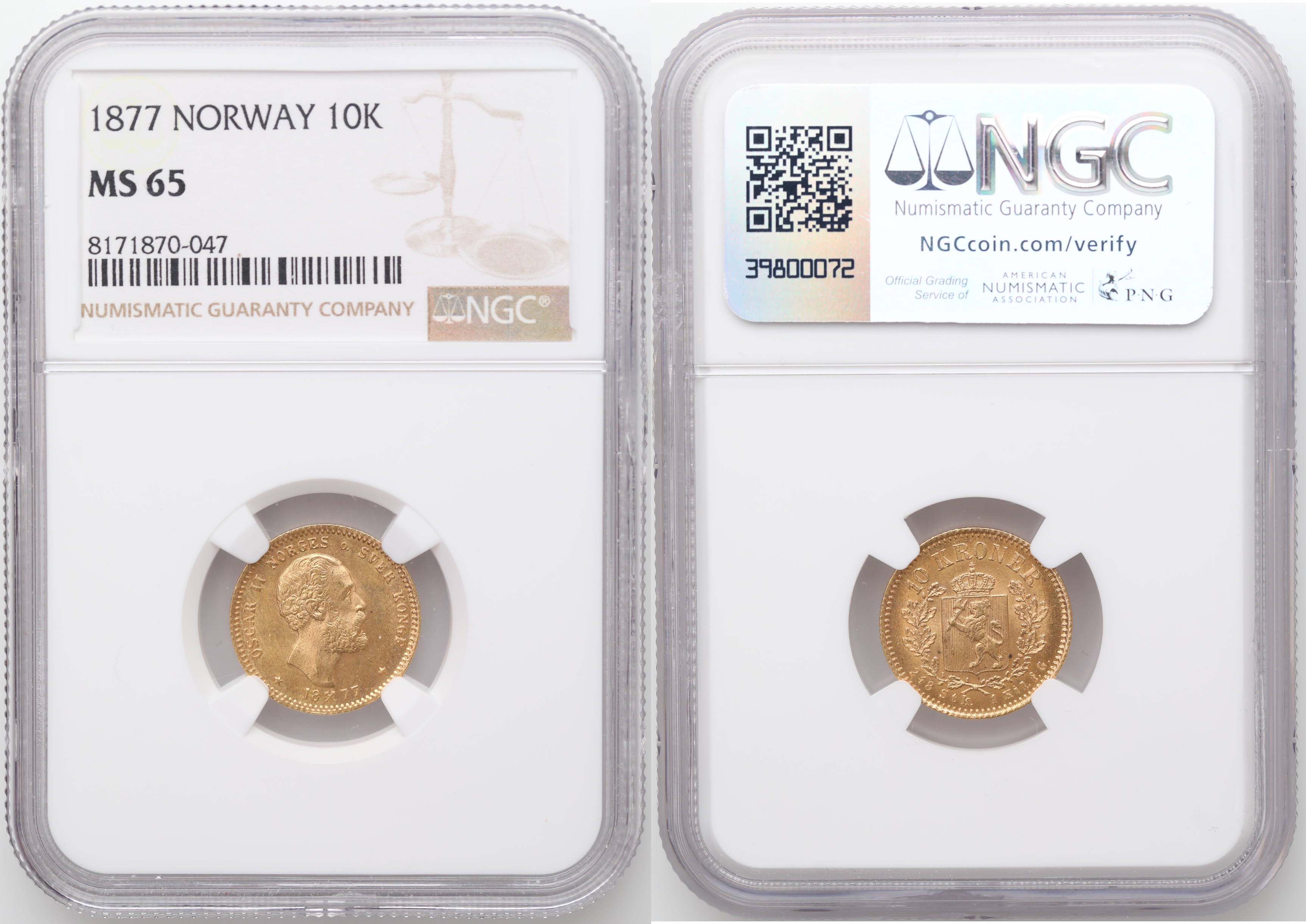 Norge 10 Kroner 1877  Kv: NGC MS65