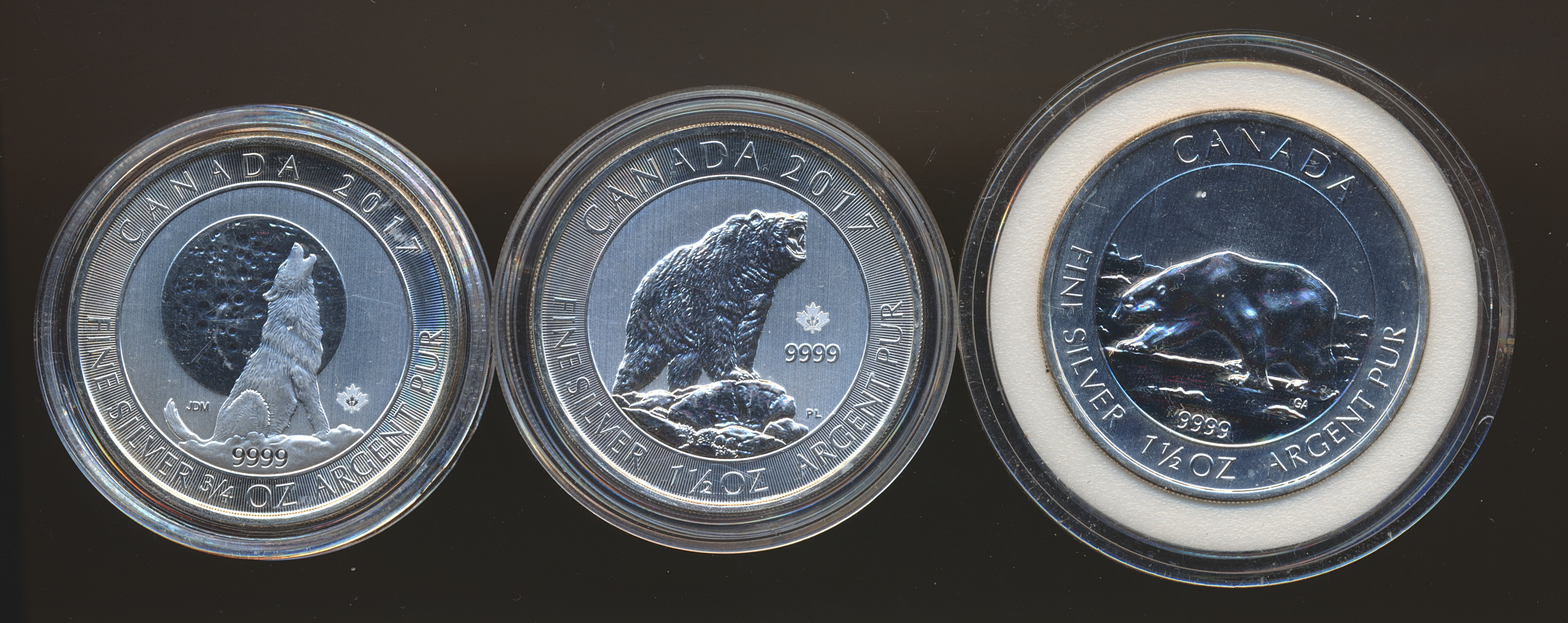Canada 3 forskjellige Wildlife: 2 x 1 1/2 Oz og 1 x 3/4 Oz 999 Sølv UNC