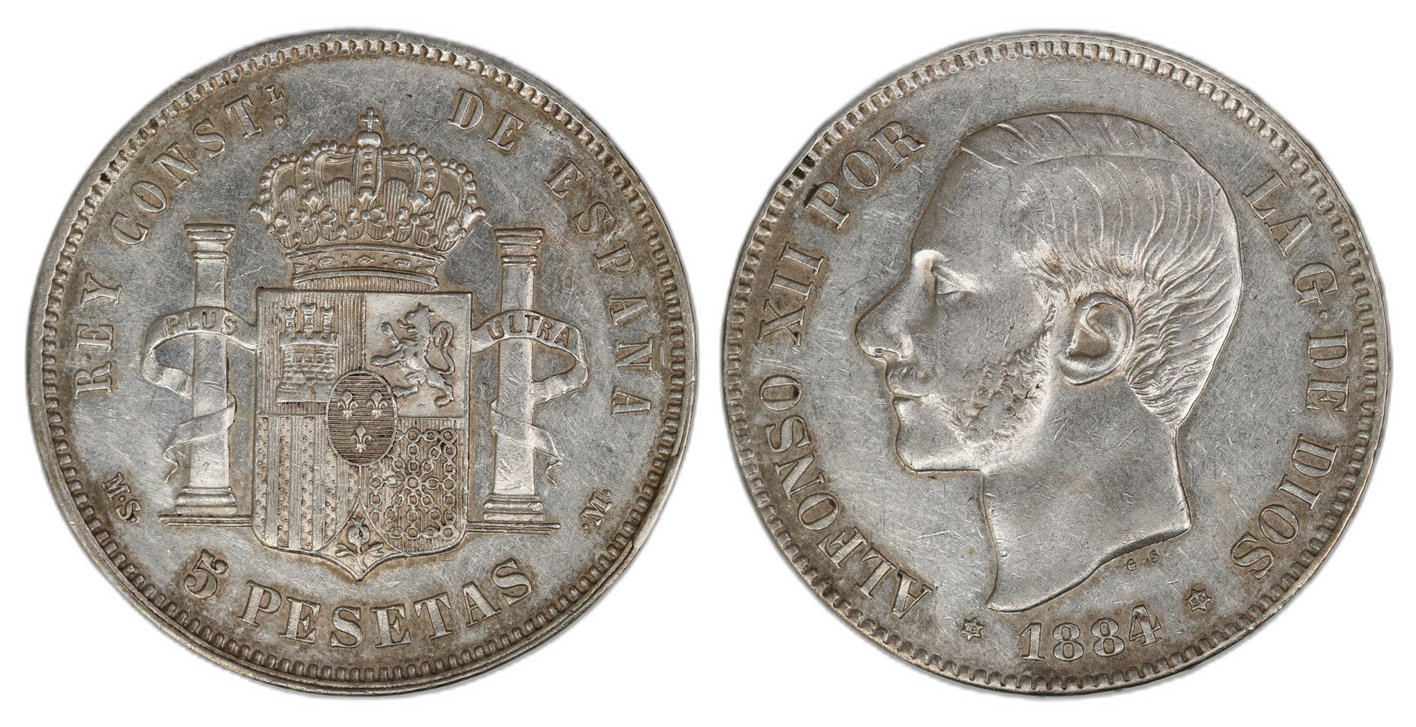 Spain 5 Pesetas 1884-MSM  Kv: 01
