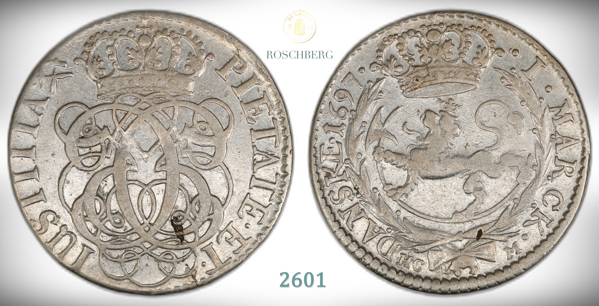 Norge 1 Mark 1697  Kv: 1+, lett renset