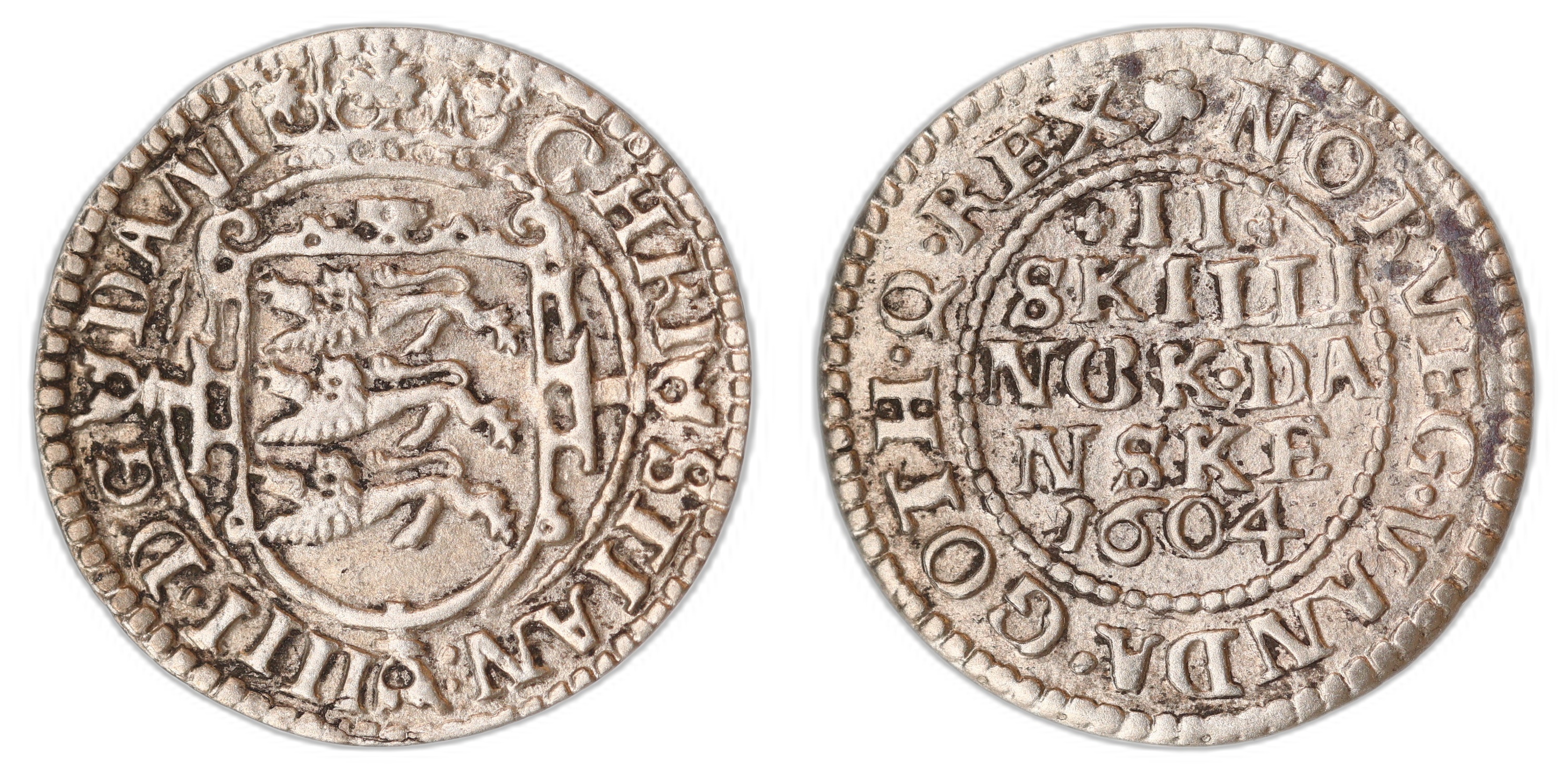 Danmark 2 Skilling 1604 Kv: 1+, renset