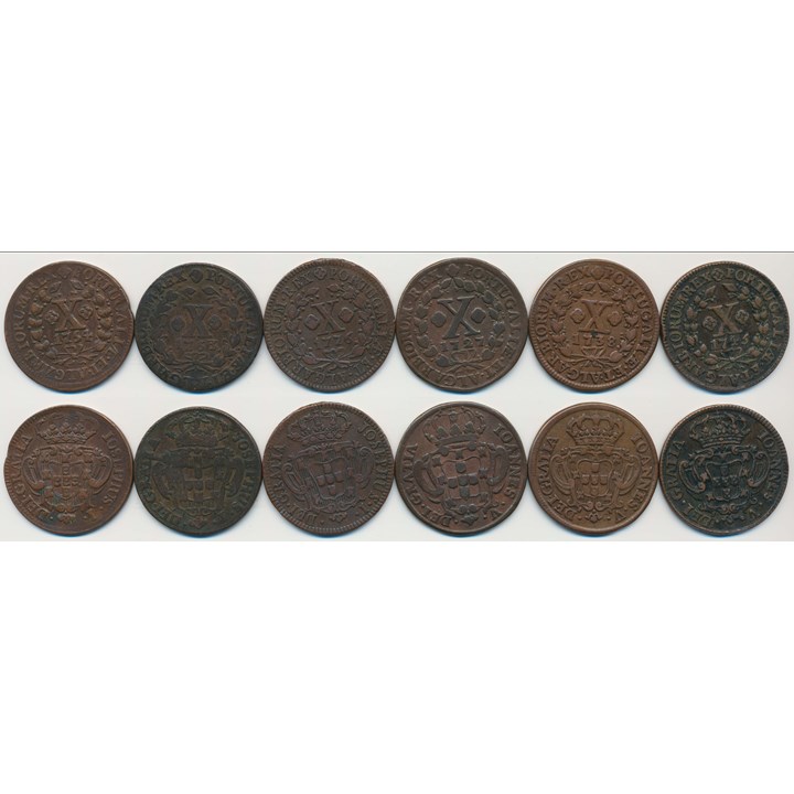 Portugal 10 Reis 1727-76, 6 different coins VC