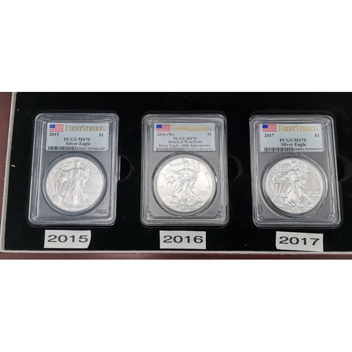 USA Silver Eagle 2015, 2016 og 2017. Alle PCGS MS 70.