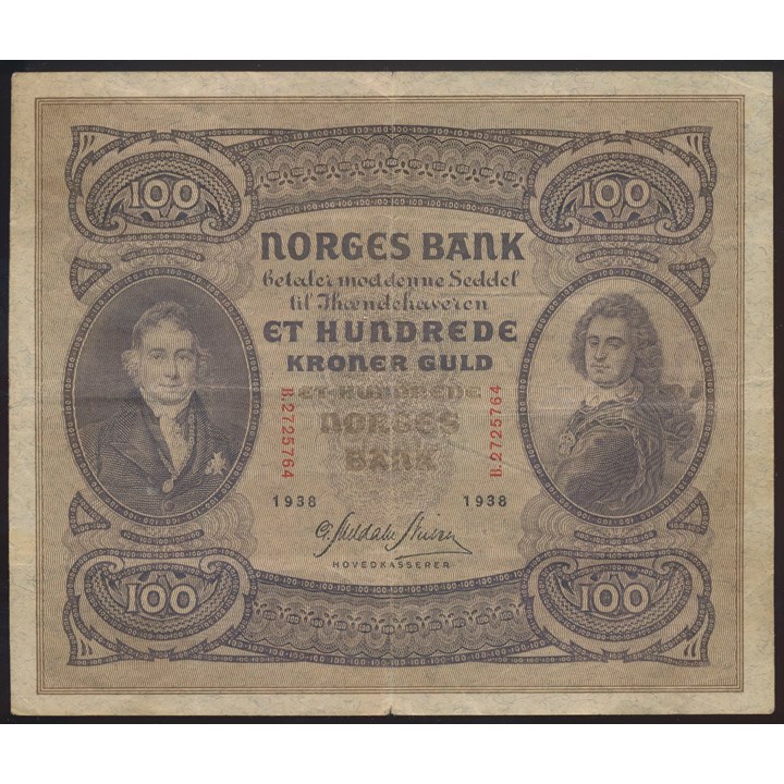 100 Kroner 1938 B Kv 1-, helt minimale rifter i midtbrett