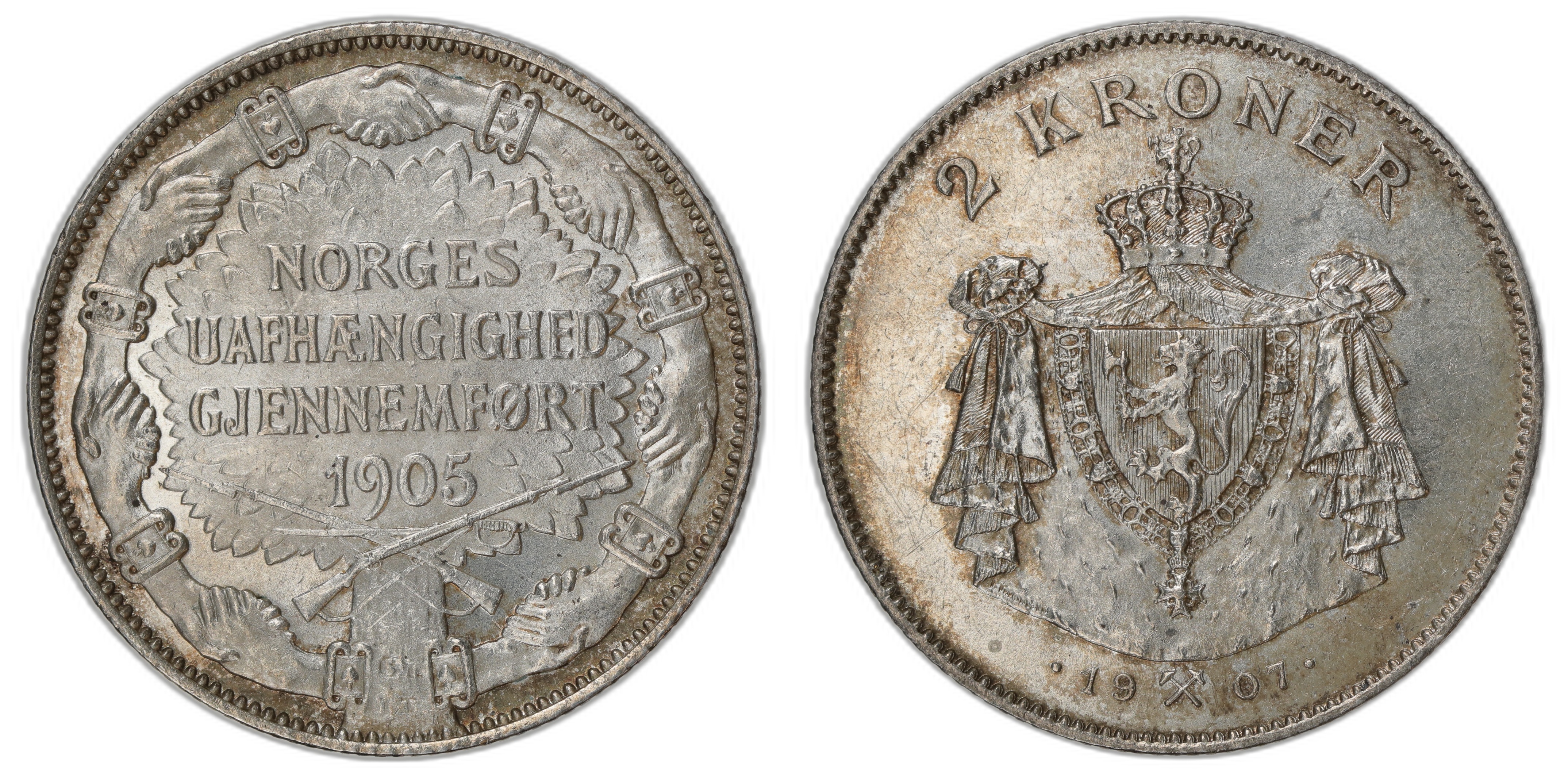 Norge 2 Kroner 1907 Gevær Kv: 0/01