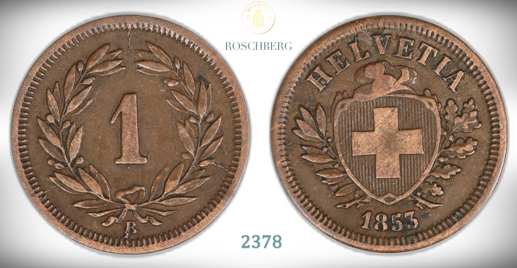 Switzerland 1 Rappen 1853-B Thick Cross Kv: 1+ (VF)