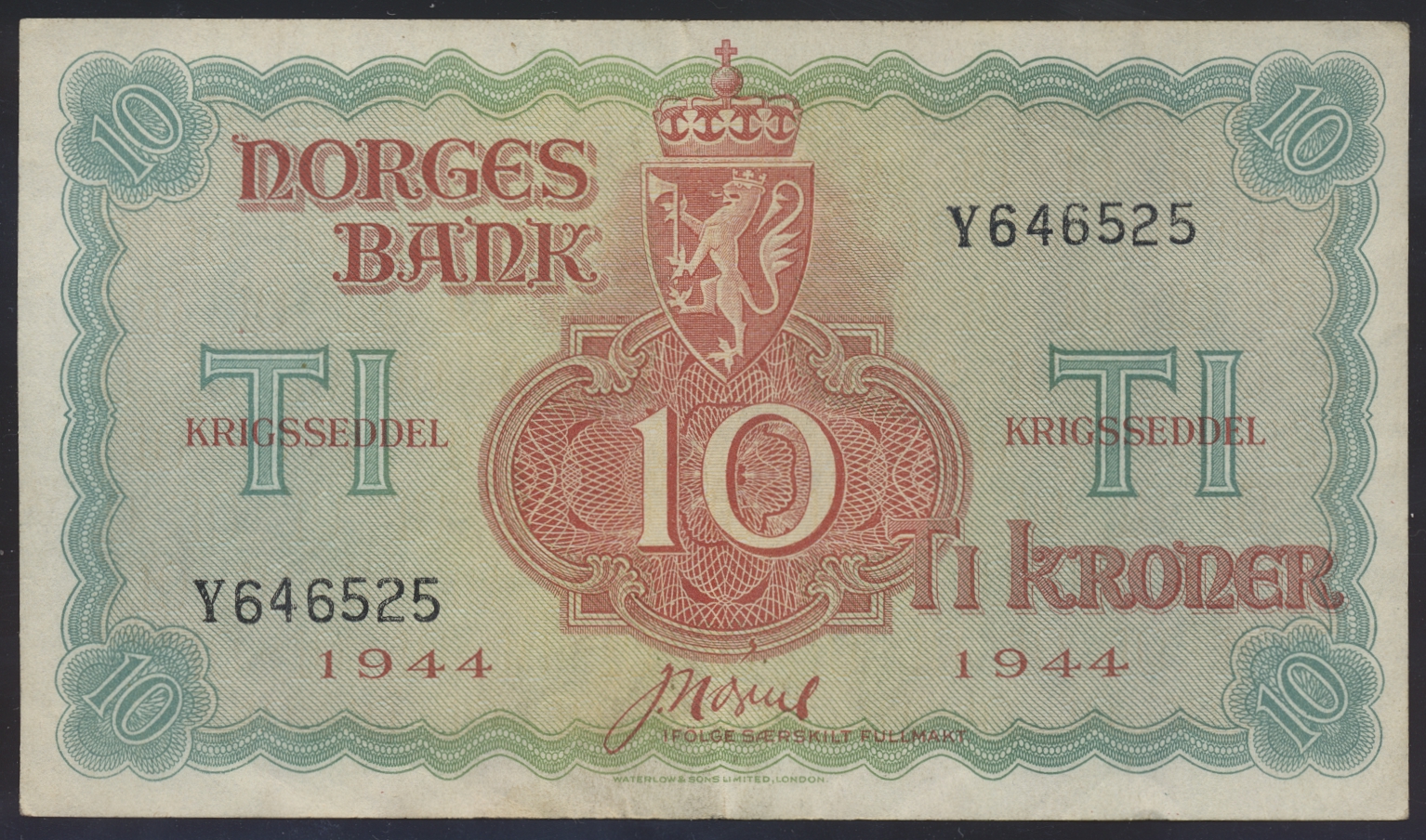 10 Kroner 1944 Y London Kv 1+ (XF)