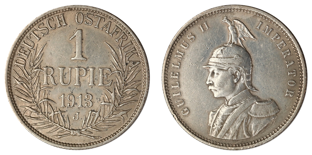 German East Africa Rupee 1913-J Kv: XF, Cleaned
