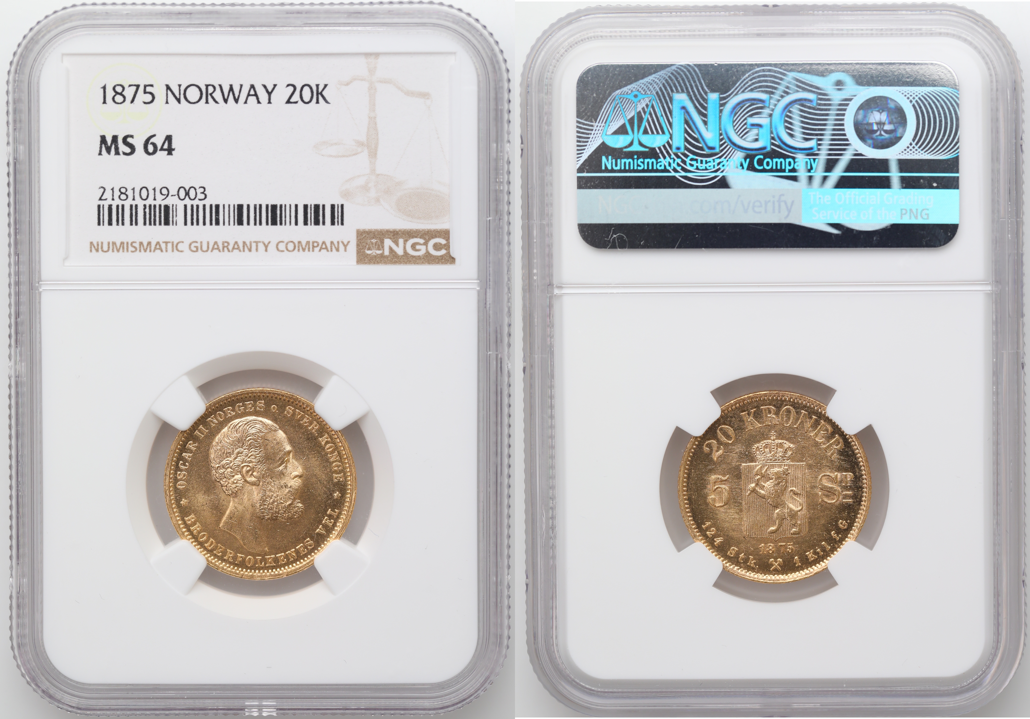 Norge 20 Kroner / 5 Sp. 1875  Kv: NGC MS64