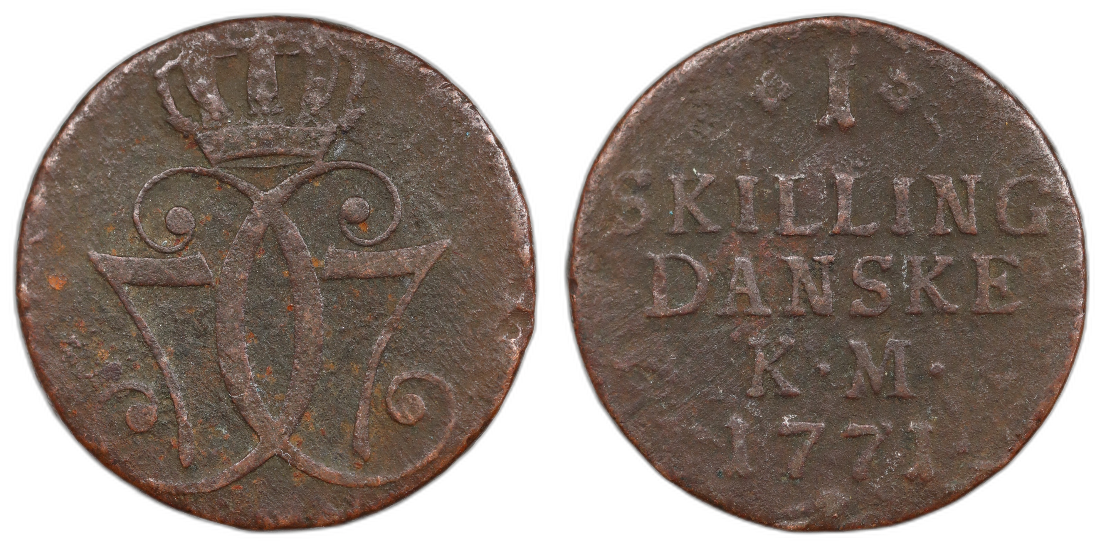 R7563 Norge 1 Skilling 1771 Kongsberg Kv 1