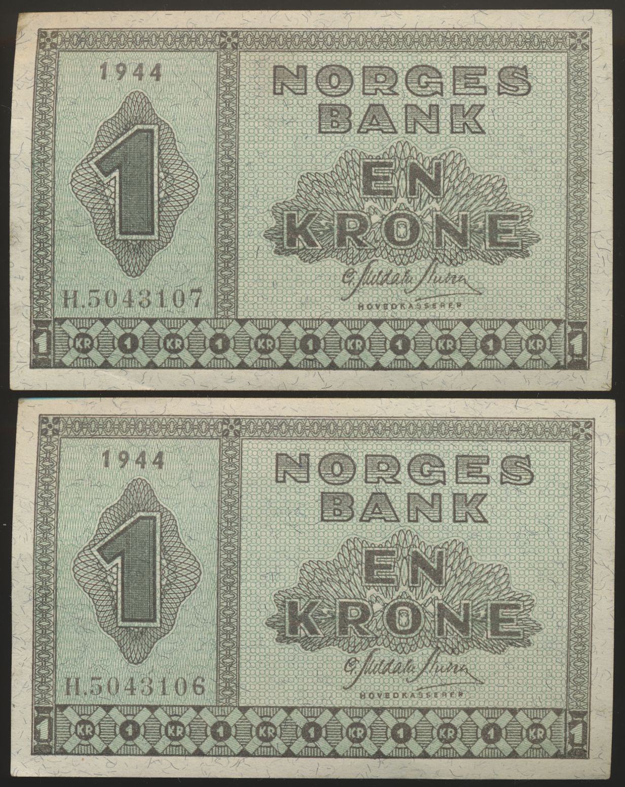 1 Krone 1944 H, 2 Stk i Nummerrekkefølge Kv 01