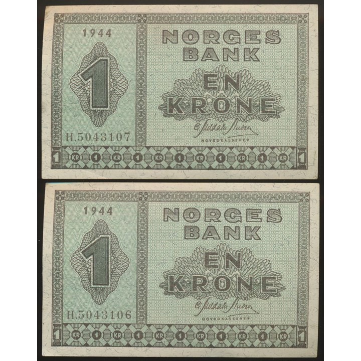 1 Krone 1944 H, 2 Stk i Nummerrekkefølge Kv 01