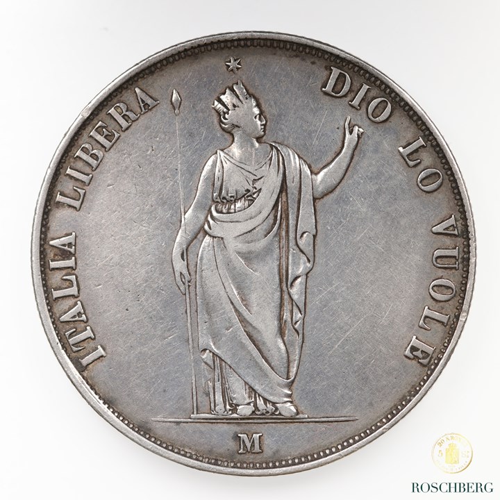 Italy 5 Lire 1848-M Kv XF, Cleaned