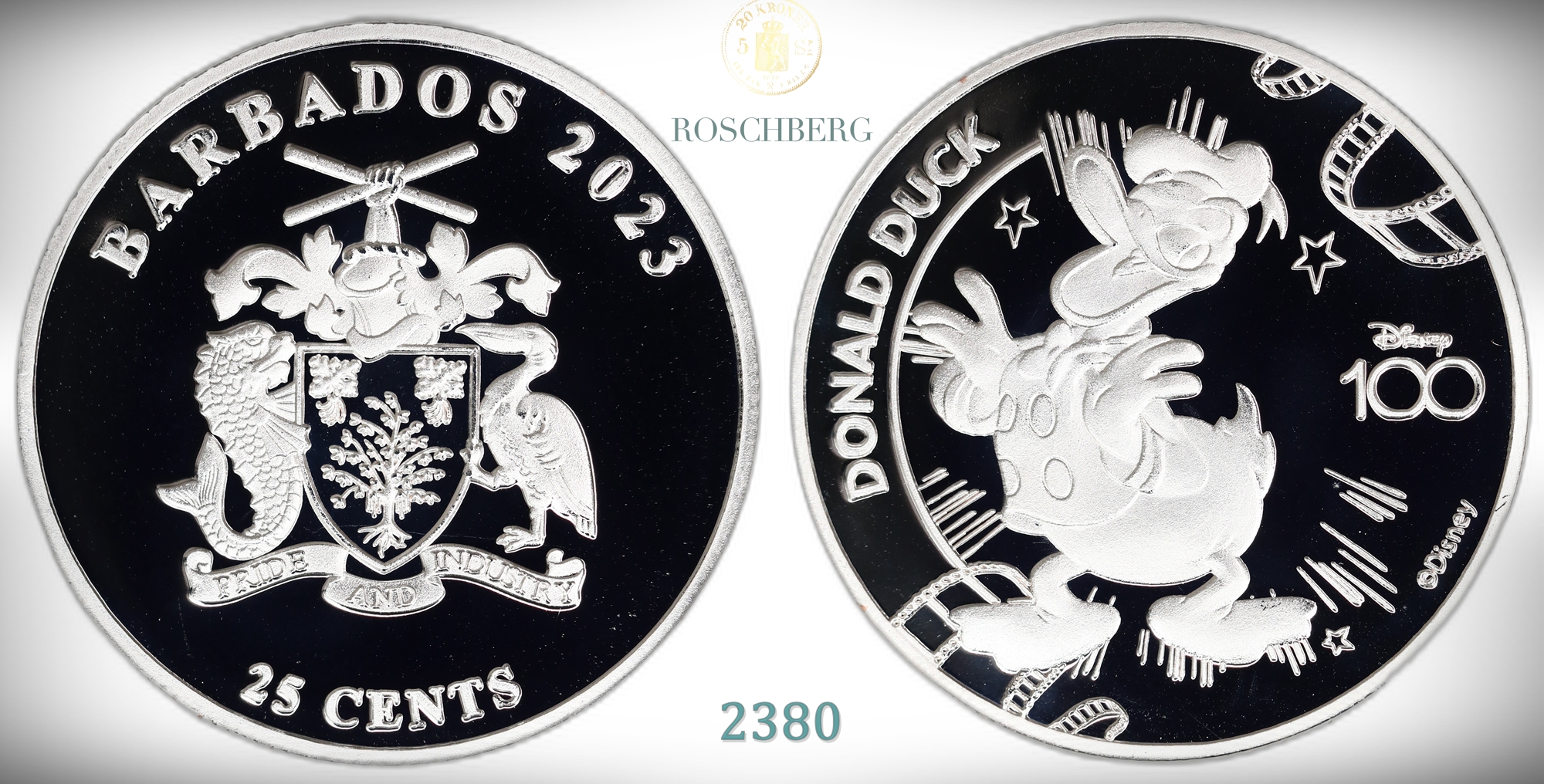 Barbados 25 Cent 2023 Donald Duck, Silver Plated Iron Kv: Proof