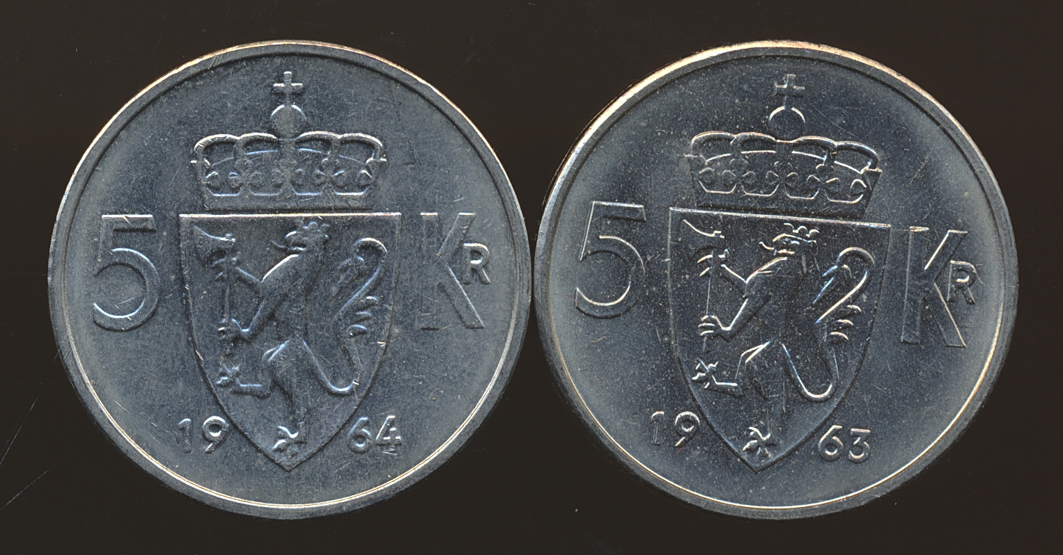 5 Kroner 1963 og 1964 Kv 0