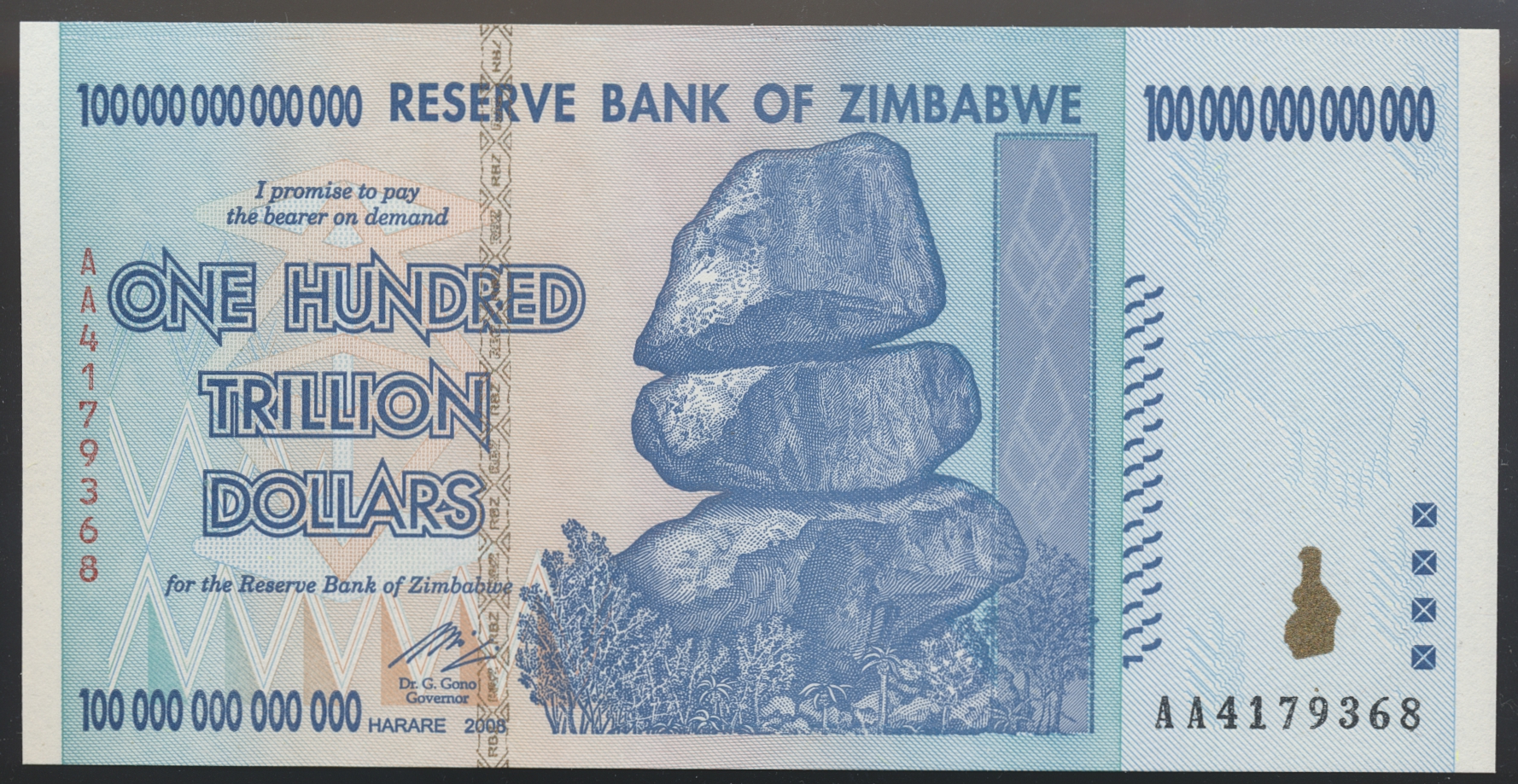 AUG26-2854 Zimbabwe 100 Trillion Dollars 2008 Hyperinflasjon Kv: 0