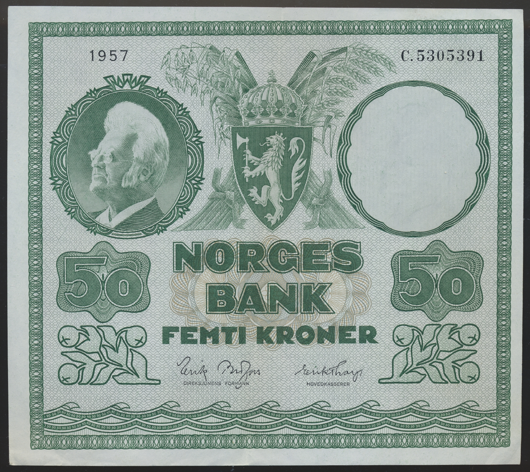 Norge 50 Kroner 1957 C Vannmerke type 2 Kv: 1+/01