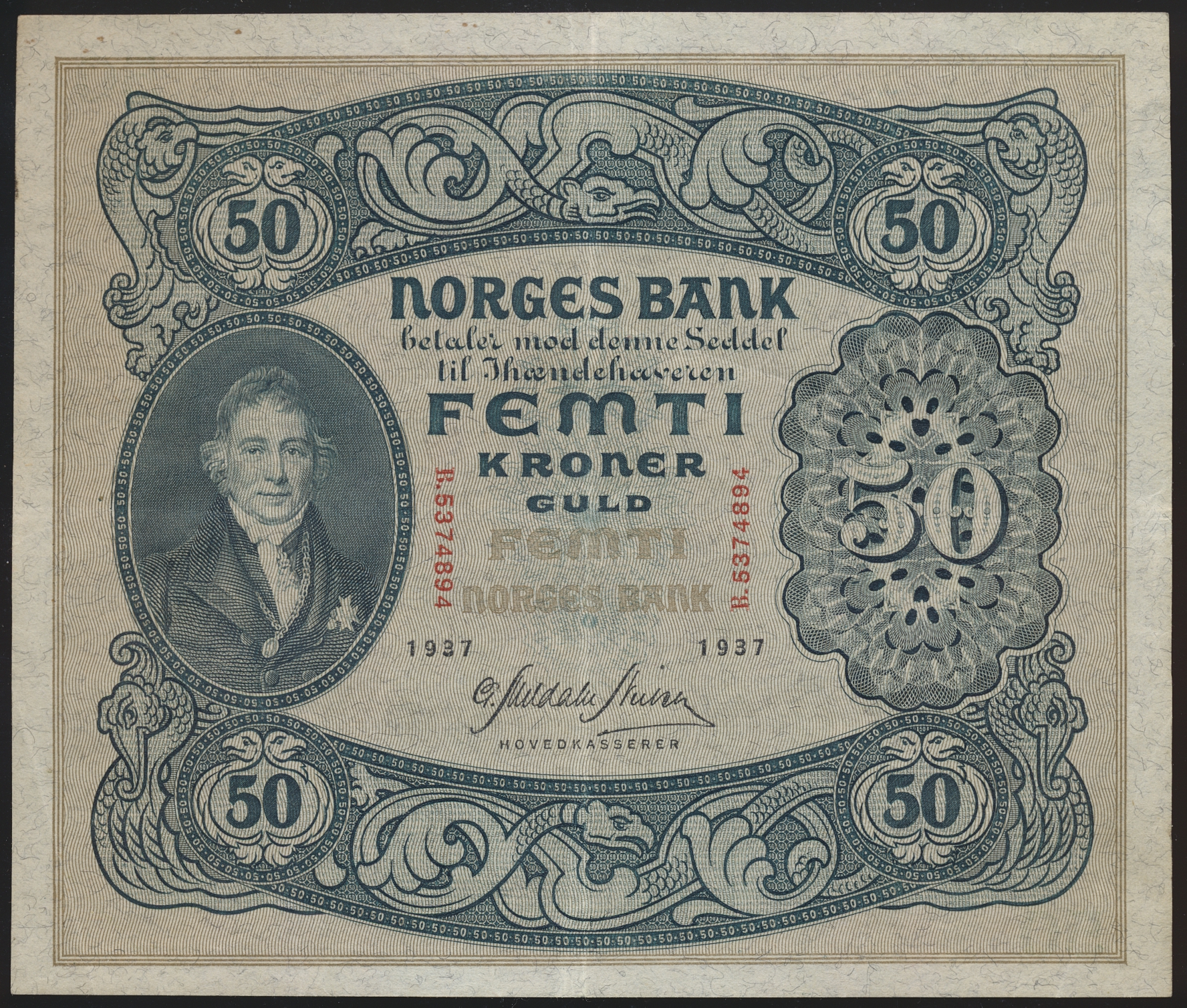 50 Kroner 1937 B Kv 1+, små flekker