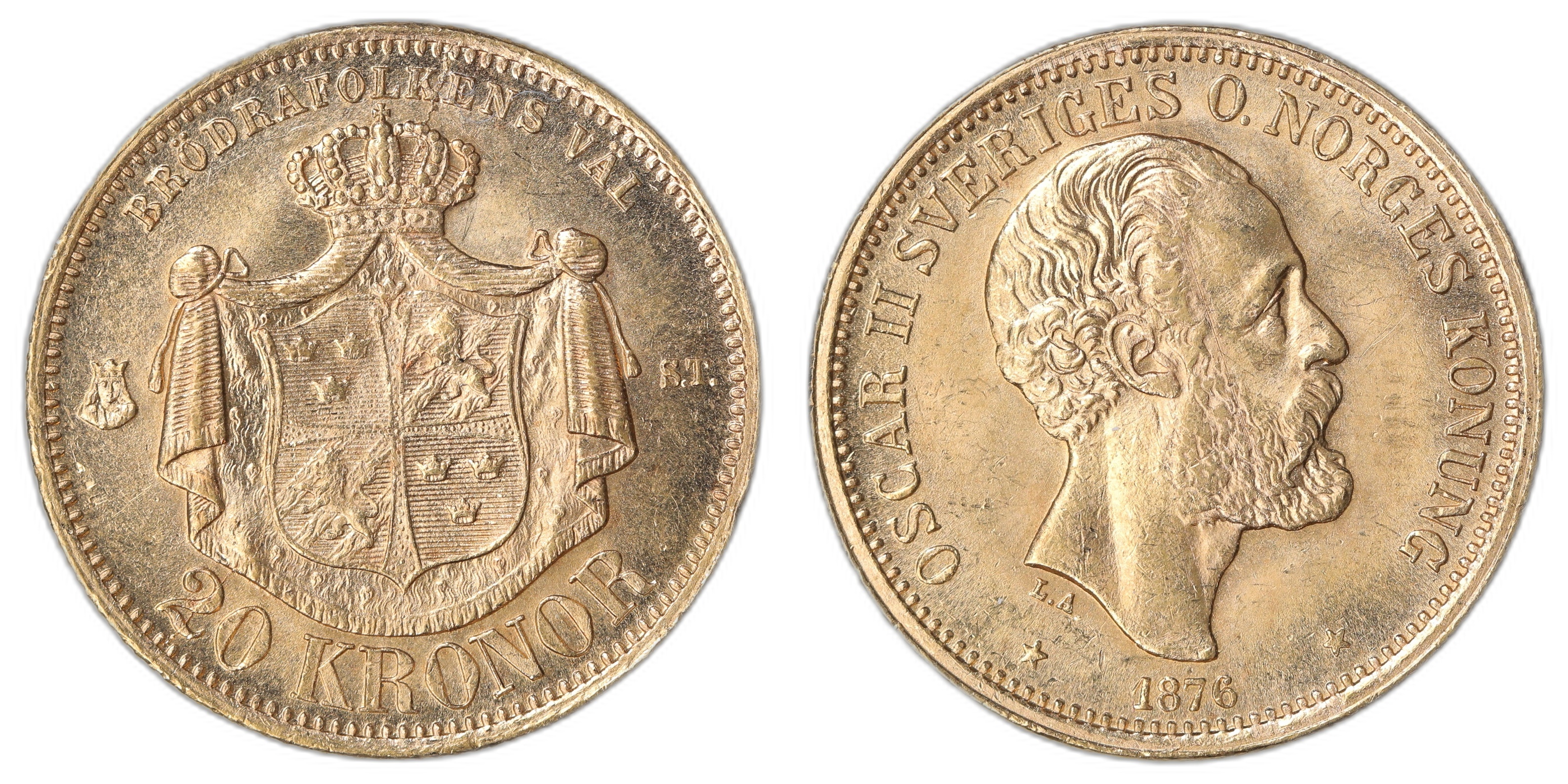 Sweden 20 Kronor 1876-ST LA 8.08 gr fine Kv: 0/01