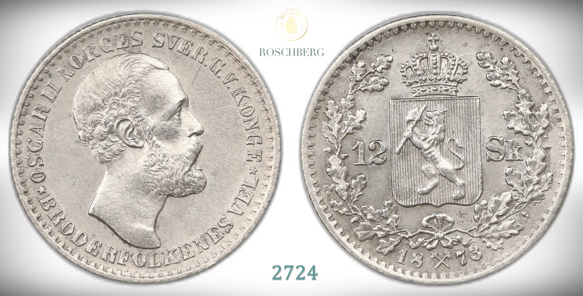 Norge 12 Skilling 1873  Kv: 01, renset
