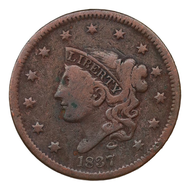 USA 1  Cent 1837 VF, Cleaned