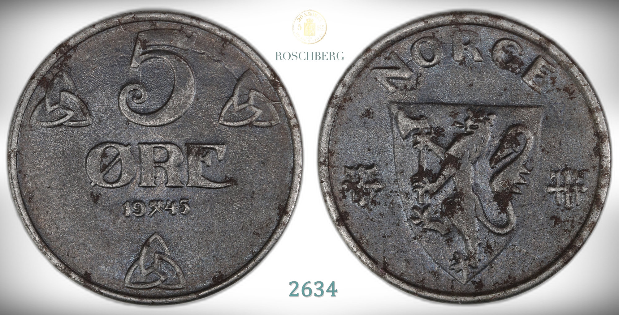 Norge 5 Øre 1945  Kv: 1+, lett rust
