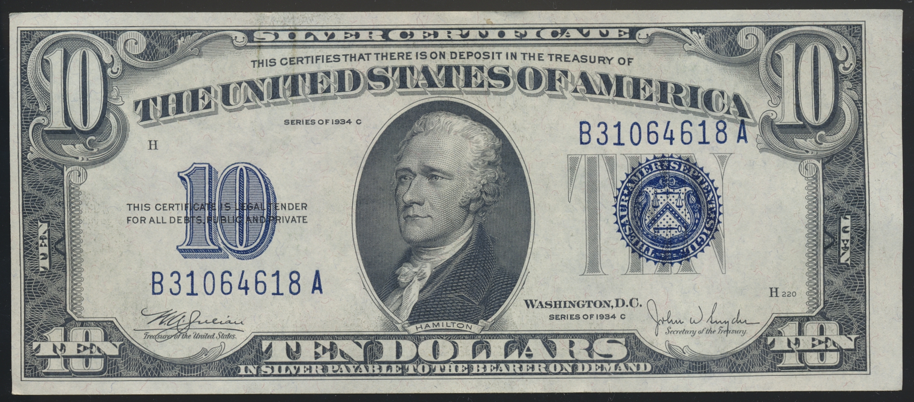 USA 10 Dollars 1934 C Silver Certificate Kv g1+ (XF/AU)