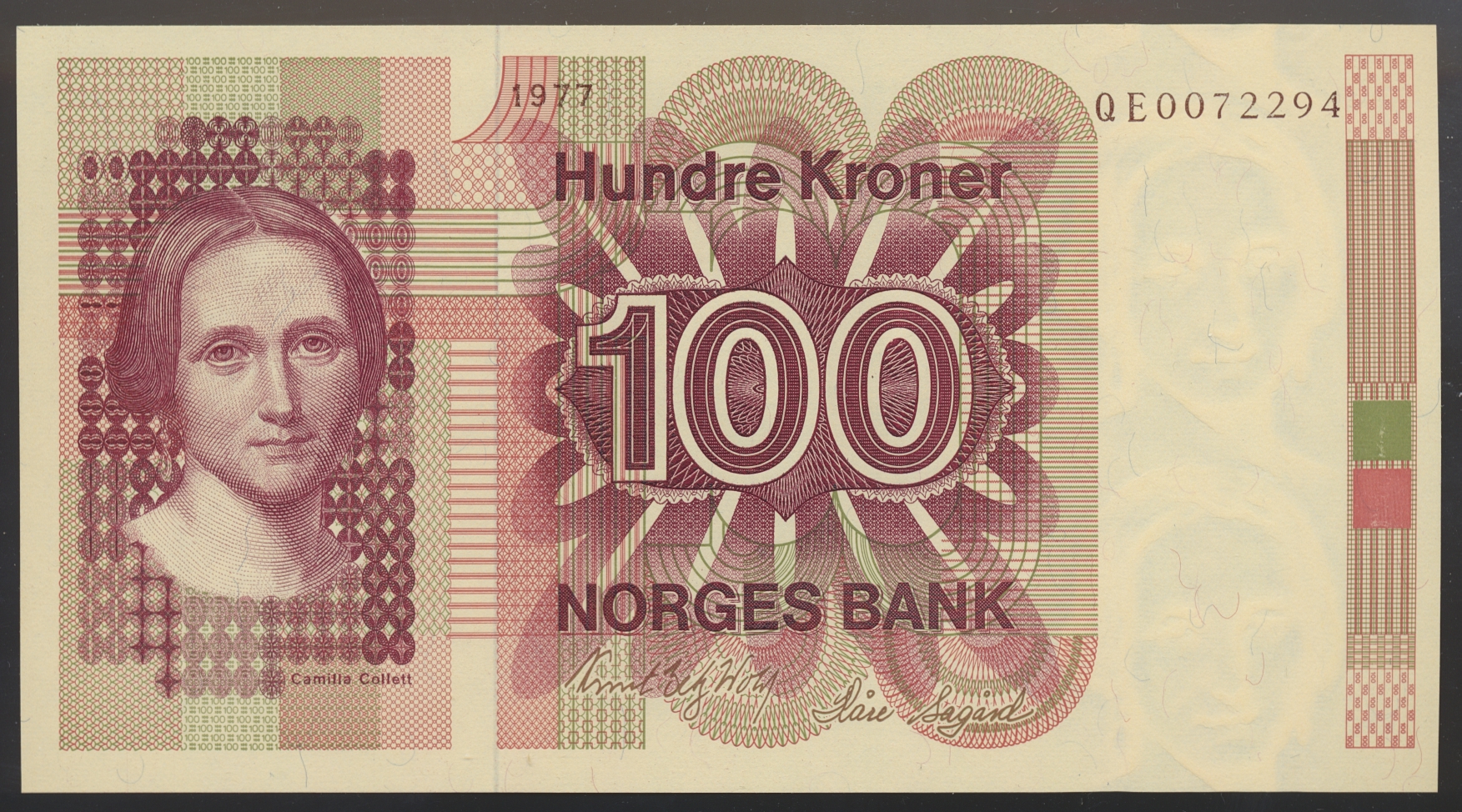 100 Kroner 1977 QE Brunt Nummer Erstatning Kv 0