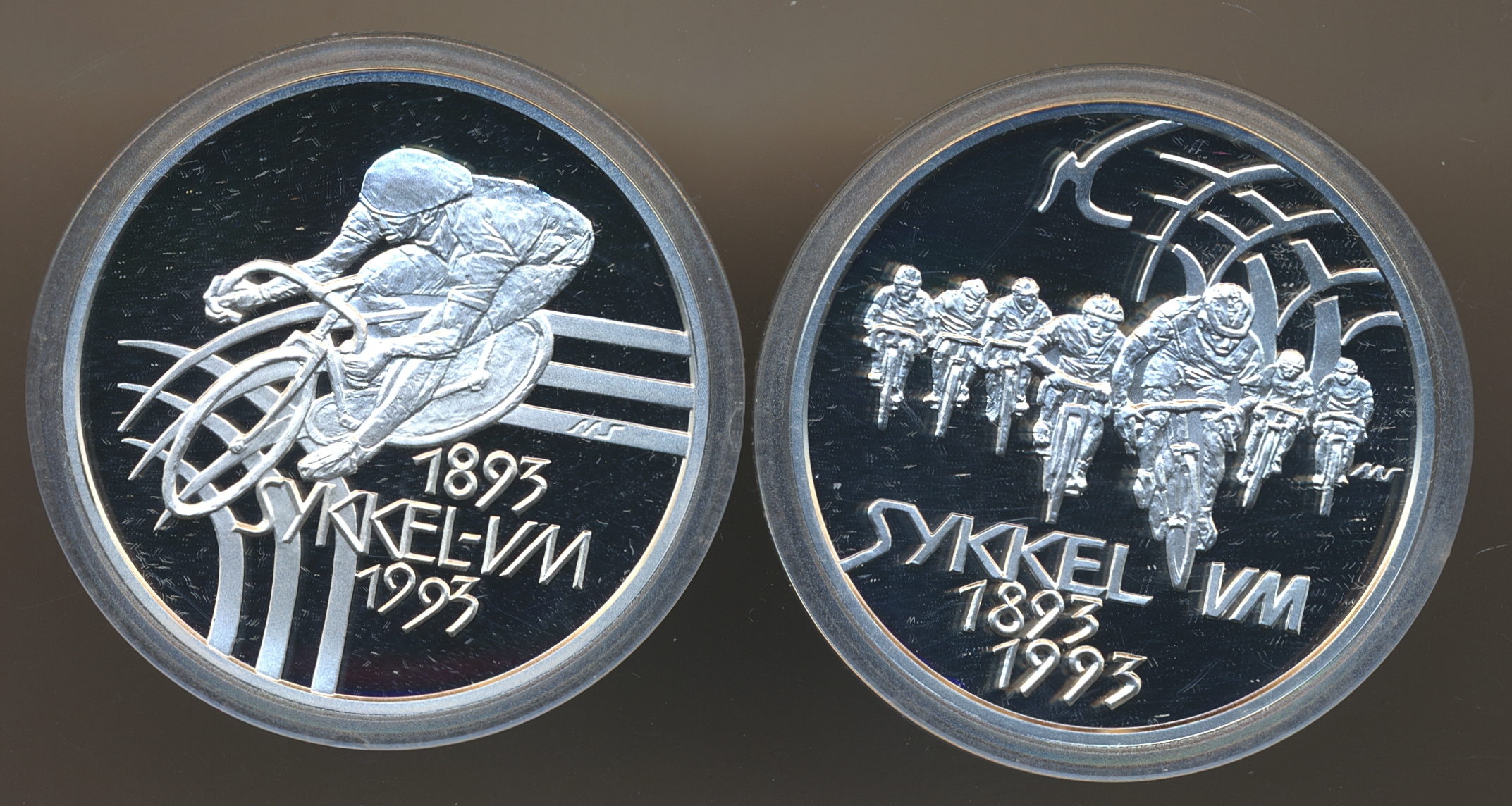 Sykkel-VM 1993 Sølvpar 100 Kroner "Landeveissykling" og "Banesykling" Kv Proof