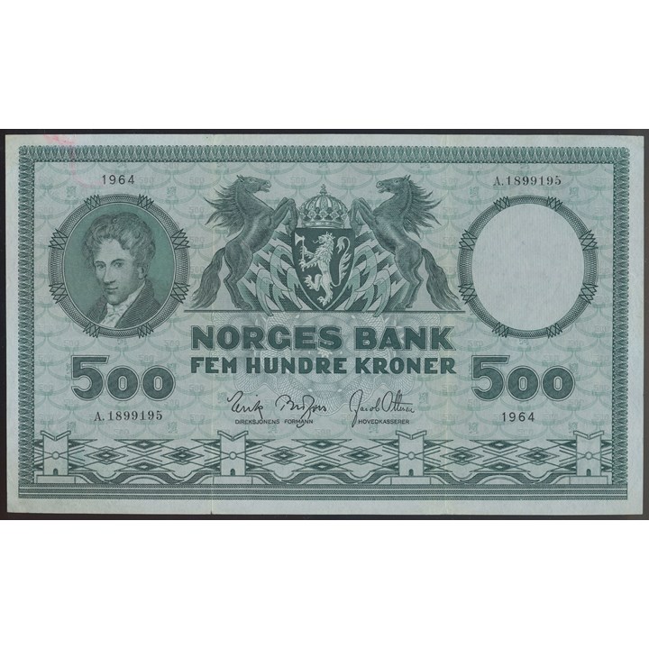 500 Kroner 1964 A Kv 1+/01, mikrorift i midtbrett og minimal rosa fargesmitte