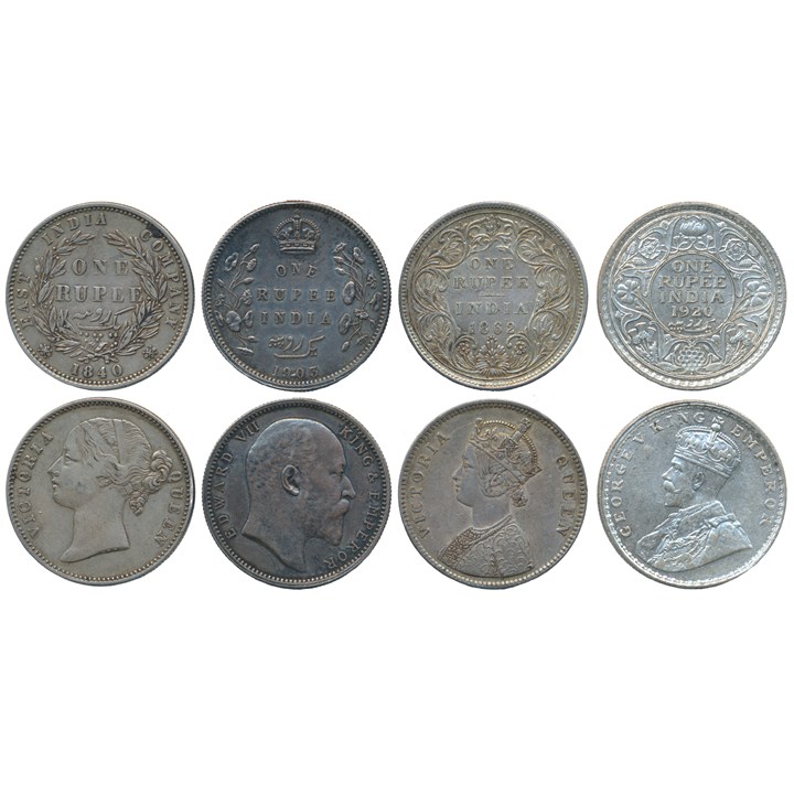 Britisk India 4 forskjellge 1 Rupee 1840-1920 VK