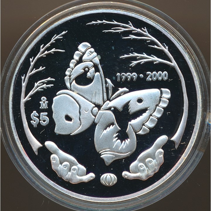 Mexico 5 Pesos 1999-2000 "Mariposa" 1 Oz 999 Sølv Proof
